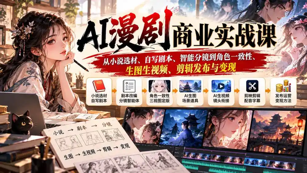 AI漫剧商业实战课：从小说选材、自写剧本、智能分镜到角色一致性、生图生视频、剪辑发布与变现-聚创源