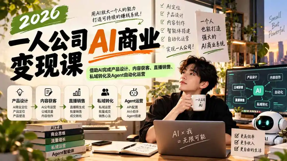 2026一人公司AI商业变现课：借助AI完成产品设计、内容获客、直播销售、私域转化及Agent自动化运营-聚创源