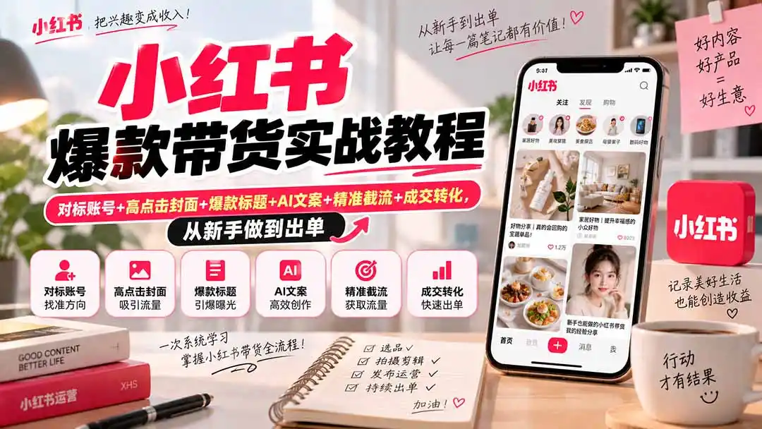 小红书爆款带货实战教程｜对标账号+高点击封面+爆款标题+AI文案+精准截流+成交转化，从新手做到出单-聚创源