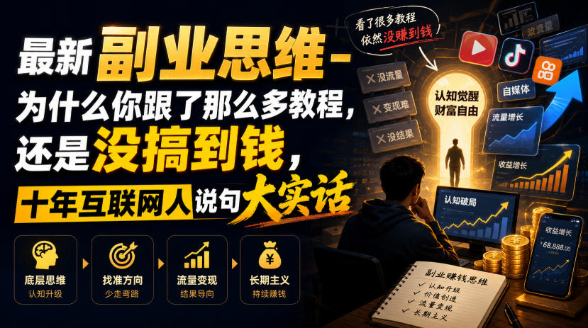 最新副业思维-为什么你跟了那么多教程，还是没搞到钱，十年互联网人说句大实话【揭秘】-聚创源