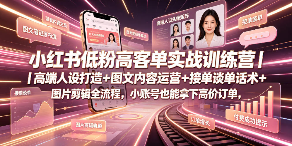 小红书低粉高客单实战训练营｜高端人设打造+图文内容运营+接单谈单话术+图片剪辑全流程，小账号也能拿下高价订单-聚创源