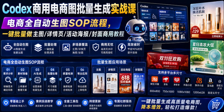 Codex商用电商图批量生成实战课｜电商全自动生图SOP流程，一键批量做主图/详情页/活动海报/封面商用教程-聚创源