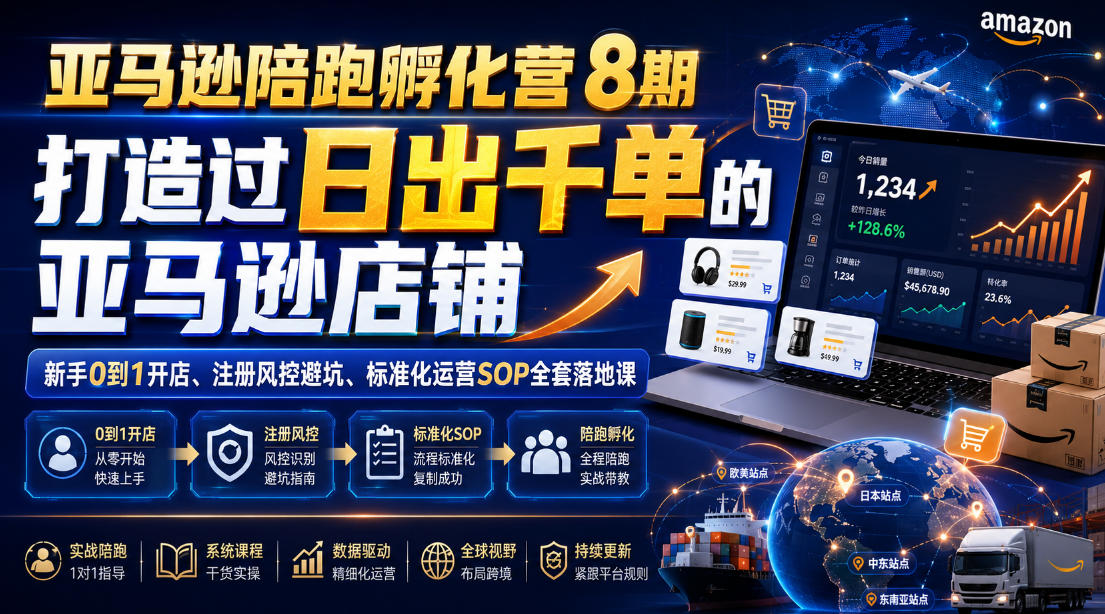 亚马逊陪跑孵化营8期，打造过日出千单的亚马逊店铺，新手0到1开店、注册风控避坑、标准化运营SOP全套落地课-聚创源