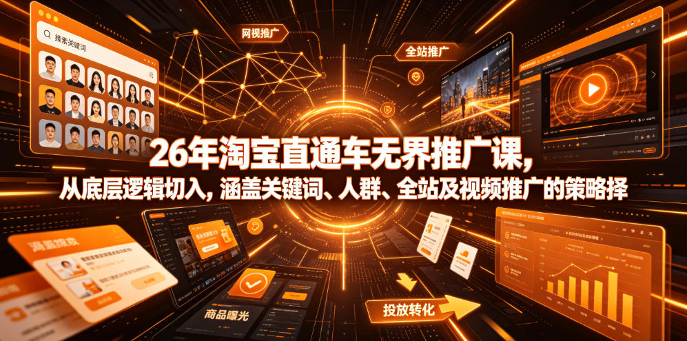 26年淘宝直通车无界推广课，从底层逻辑切入，涵盖关键词、人群、全站及视频推广的策略选择-聚创源