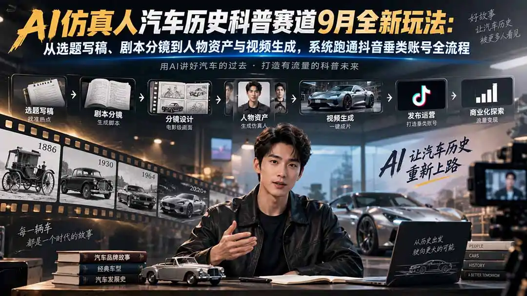 AI仿真人汽车历史科普赛道9月全新玩法：从选题写稿、剧本分镜到人物资产与视频生成，系统跑通抖音垂类账号全流程-聚创源
