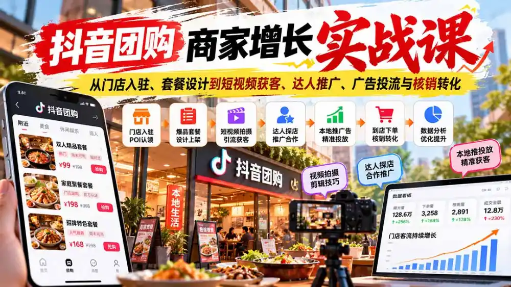 抖音团购商家增长实战课：从门店入驻、套餐设计到短视频获客、达人推广、广告投流与核销转化-聚创源