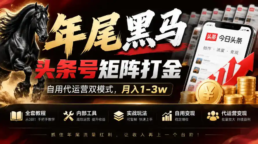 【年尾黑马】头条号矩阵打金，自用代运营双模式，月入1-3w，附全套教程及内部工具【揭秘】-聚创源
