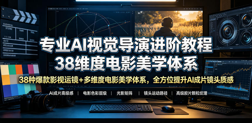 专业AI视觉导演进阶教程，38种爆款影视运镜+多维度电影美学体系，全方位提升AI成片高级感与镜头质感-聚创源