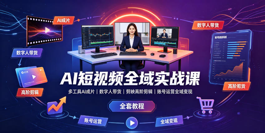 AI短视频全域实战课｜多工具AI成片、数字人带货、剪映高阶剪辑、账号运营全域变现全套教程-聚创源