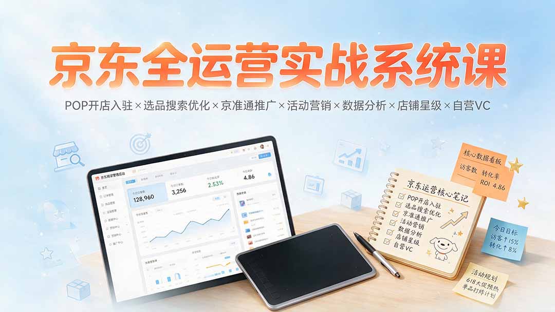 京东全运营实战系统课：POP开店入驻×选品搜索优化×京准通推广×活动营销×数据分析×店铺星级×自营VC-聚创源