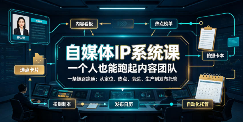 自媒体IP系统课，一个人也能跑起内容团队，一条链路跑通，从定位、热点、表达、生产到发布托管-聚创源