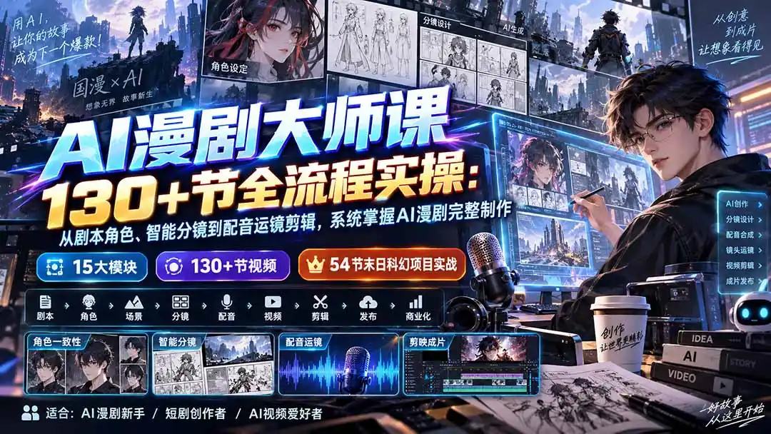 AI漫剧大师课130+节全流程实操:从剧本角色、智能分镜到配音运镜剪辑,系统掌握AI漫剧完整制作-聚创源