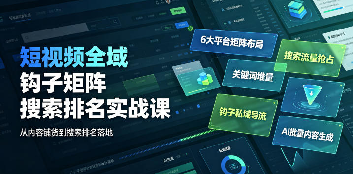 短视频全域钩子矩阵搜索排名实战课｜6大平台矩阵布局、关键词堆量抢占搜索流量、钩子私域导流、AI批量内容生成-聚创源