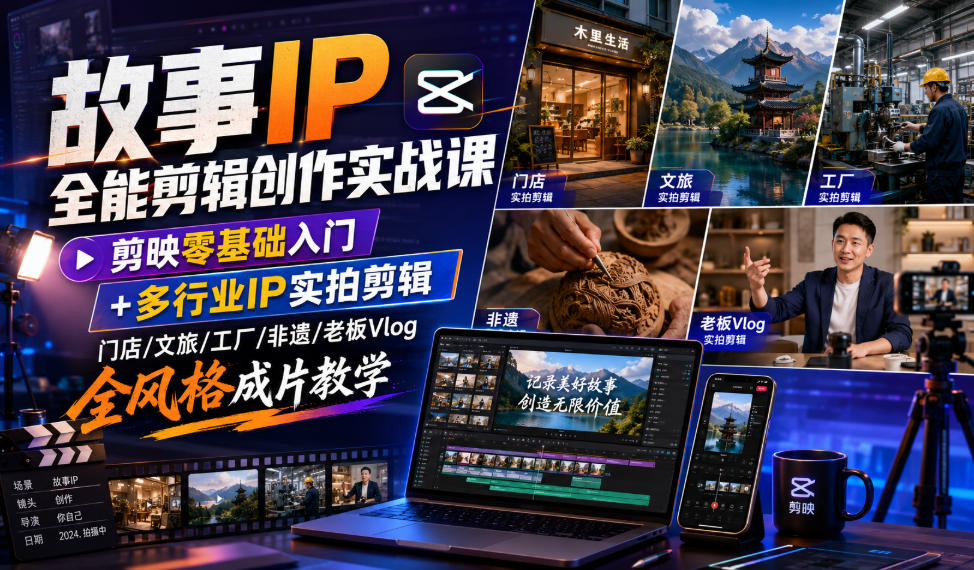 故事IP全能剪辑创作实战课｜剪映零基础入门+多行业IP实拍剪辑，门店/文旅/工厂/非遗/老板Vlog全风格成片教学-聚创源