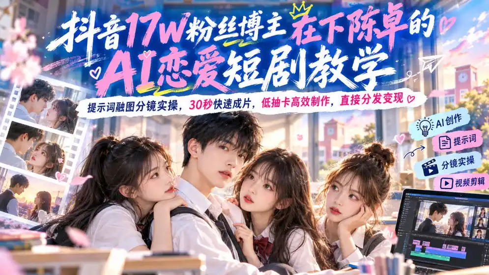 抖音17W粉丝博主在下陈卓的AI恋爱短剧教学,提示词融图分镜实操,30秒快速成片,低抽卡高效制作,直接分发变现-聚创源