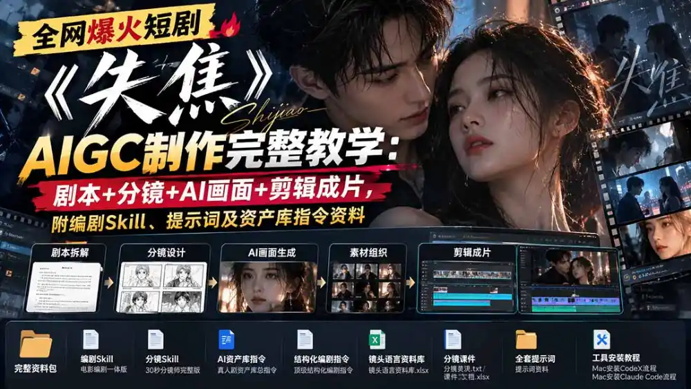 全网爆火短剧《失焦》AIGC制作完整教学:剧本+分镜+AI画面+剪辑成片,附编剧Skill、提示词及资产库指令资料 全网爆火短剧《失焦》AIGC制作完整教学:剧本+分镜+AI画面+剪辑成片,附编剧Skill、提示词及资产库指令资料