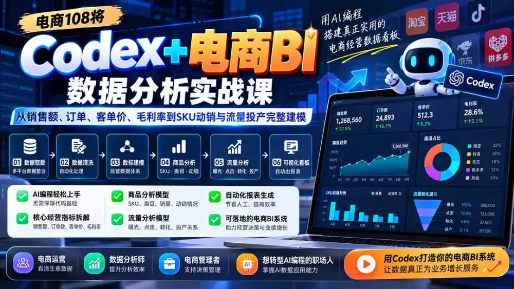 Codex+电商BI数据分析实战课-更新：从销售额、订单、客单价、毛利率到SKU动销与流量投产完整建模-聚创源