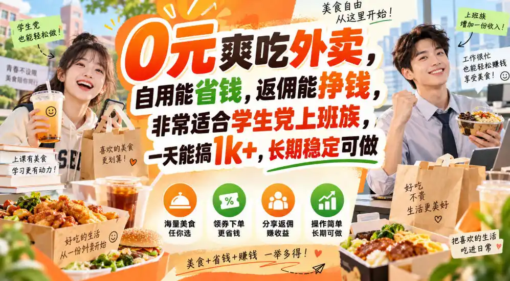 0元爽吃外卖，自用能省钱，返佣能挣钱，非常适合学生党上班族，一天能搞1k+，长期稳定可做-聚创源