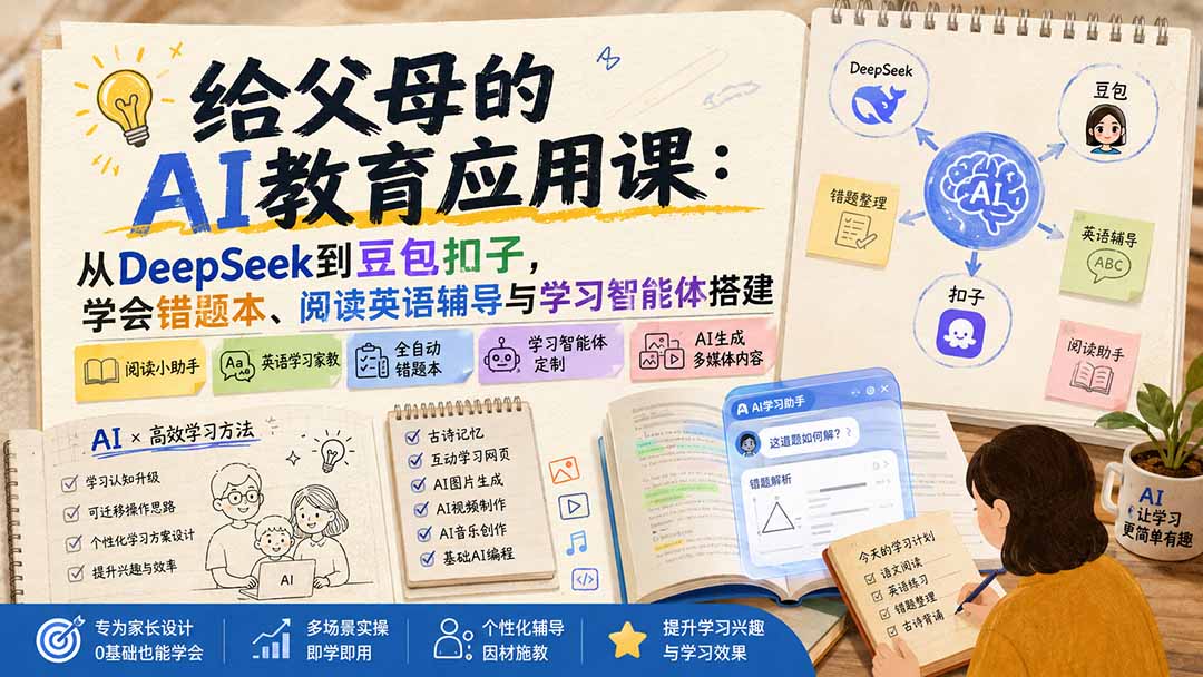 给父母的AI教育应用课：从DeepSeek到豆包扣子，学会错题本、阅读英语辅导与学习智能体搭建-聚创源